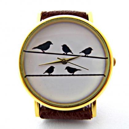 Birds On Wire Leather Wrist Watches, Woman Man..