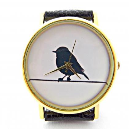 Bird On Wire Leather Wrist Watches, Woman Man Lady..