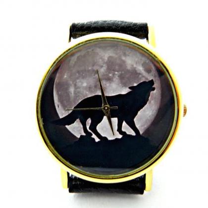 Wolf And Moon Leather Wrist Watches, Woman Man..