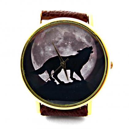 Wolf And Moon Leather Wrist Watches, Woman Man..