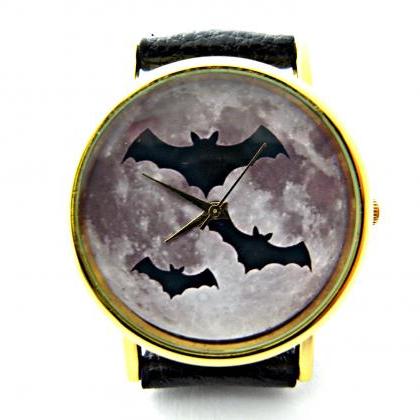 Bat And Moon Leather Wrist Watches, Woman Man Lady..