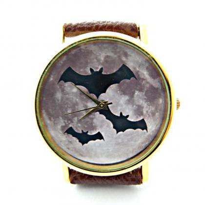 Bat And Moon Leather Wrist Watches, Woman Man Lady..
