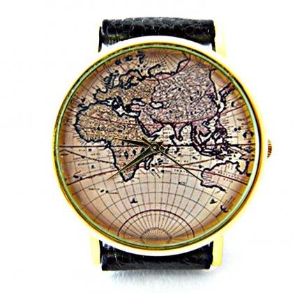 World Map Leather Wrist Watches, Woman Man Lady..