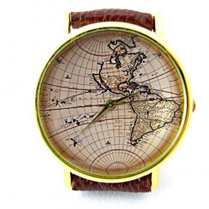World Map Leather Wrist Watches, Woman Man Lady..