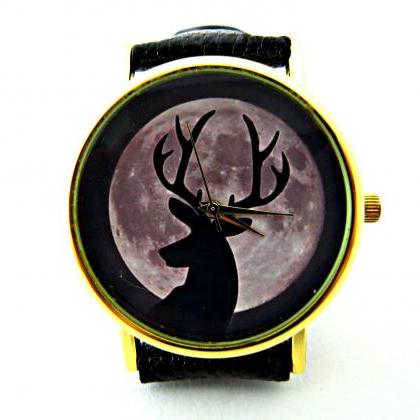 Deer And Moon Leather Wrist Watches, Woman Man..