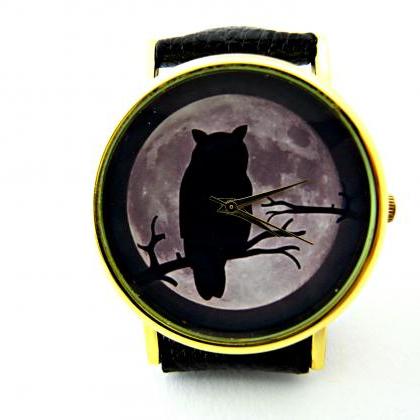 Owl And Moon Leather Wrist Watches, Woman Man Lady..