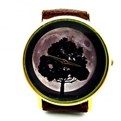 Tree And Moon Leather Wrist Watches, Woman Man..