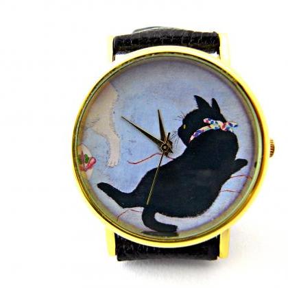 Cat Leather Wrist Watches, Woman Man Lady Unisex..