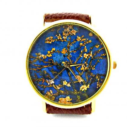 Almond Blossoms Watch, Van Gogh Art Leather Wrist..