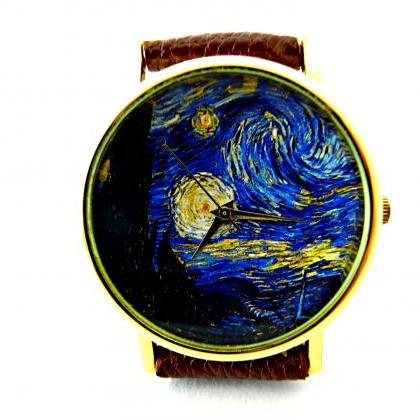Starry Night Watch, Van Gogh Art Leather Wrist..