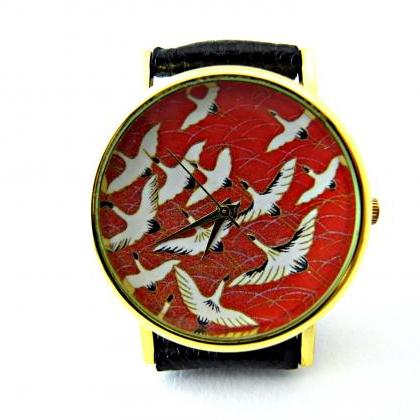 Snow Geese Leather Wrist Watch, Japanese Art..
