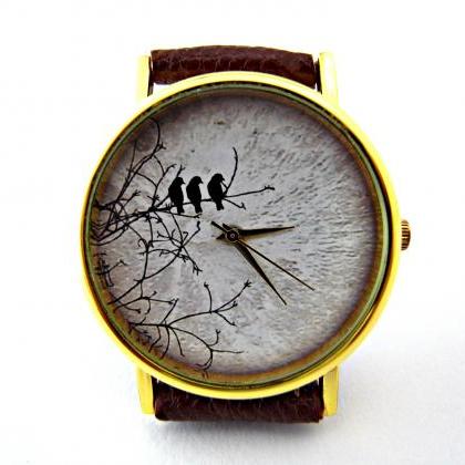 Bird And Moon Leather Wrist Watch, Woman Man Lady..