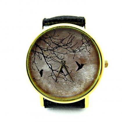 Bird And Moon Leather Wrist Watch, Woman Man Lady..