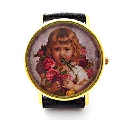 Aged Ephemera Leather Wrist Watch, Little Girl..