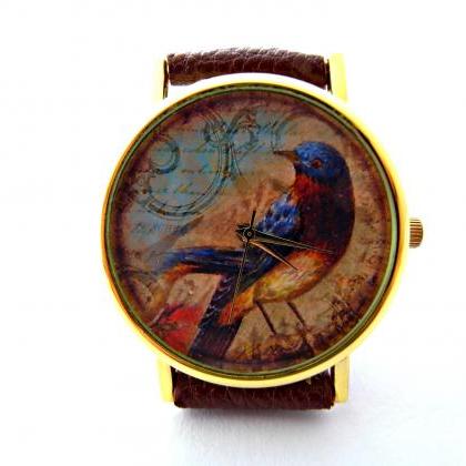 Aged Ephemera Leather Wrist Watch, Vintage Bird..