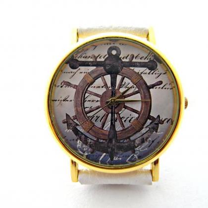 Rudder, Nautical Leather Wrist Watch, Woman Man..