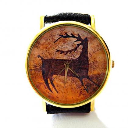 Deer, Cave Art Leather Wrist Watch, Woman Man Lady..