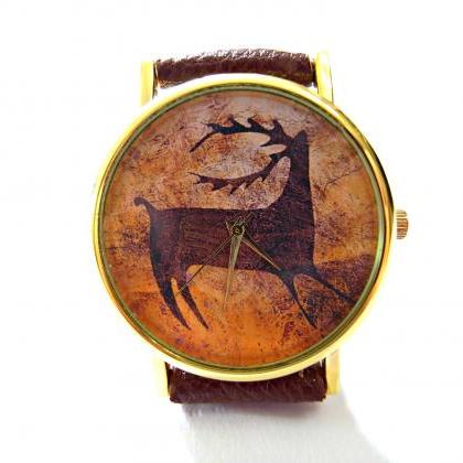Deer, Cave Art Leather Wrist Watch, Woman Man Lady..