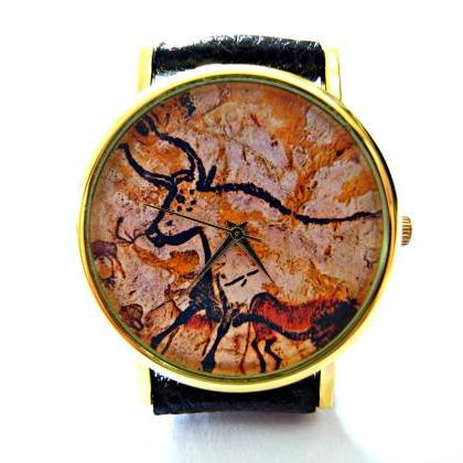 Cow, Cave Art Leather Wrist Watch, Woman Man Lady..