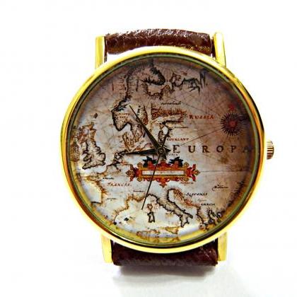 World Map Leather Wrist Watch, Woman Man Lady..