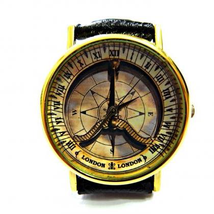 Compass Leather Wrist Watch, Woman Man Lady Unisex..