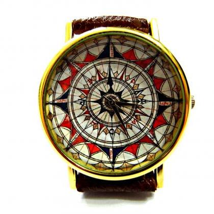 Compass Leather Wrist Watch, Woman Man Lady Unisex..