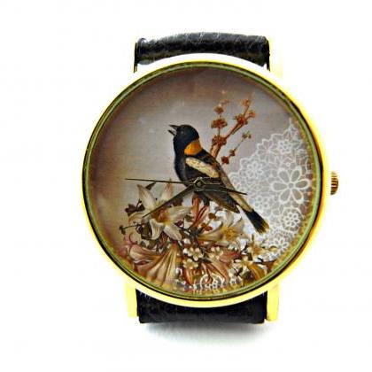 Bird Lace Leather Wrist Watch, Woman Man Lady..