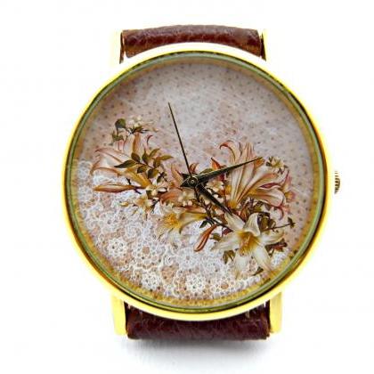 Lace Flower Leather Wrist Watch, Woman Man Lady..