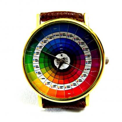 Color Wheel Leather Wrist Watch, Woman Man Lady..