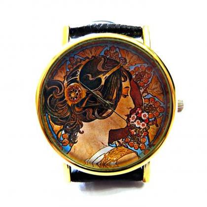 Alphonse Mucha Art Leather Wrist Watch, Woman Man..