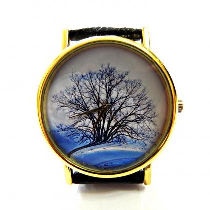 Tree Art Leather Wrist Watch, Woman Man Lady..