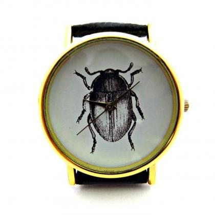 Beetle Insect Leather Wrist Watch, Woman Man Lady..