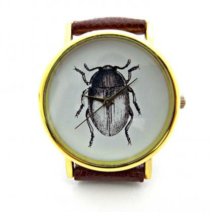 Beetle Insect Leather Wrist Watch, Woman Man Lady..