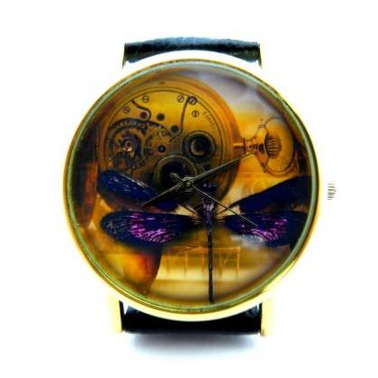 Steampunk Dream Dragonfly Leather Wrist Watch,..