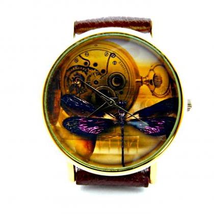 Steampunk Dream Dragonfly Leather Wrist Watch,..