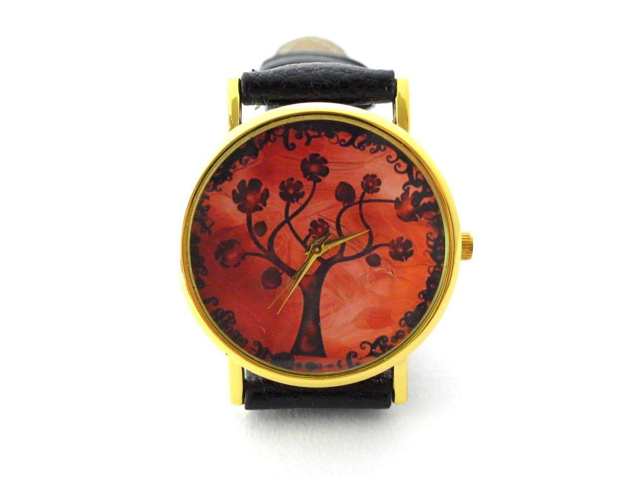 Tree Leather Wrist Watches, Woman Man Lady Unisex Watch, Genuine Leather Handmade Unique Watch #1