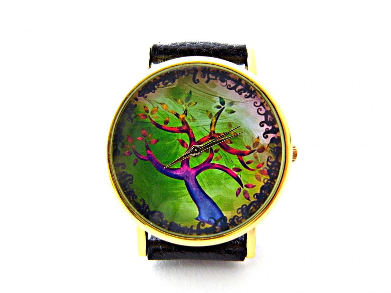 Tree Leather Wrist Watches, Woman Man Lady Unisex Watch, Genuine Leather Handmade Unique Watch #3