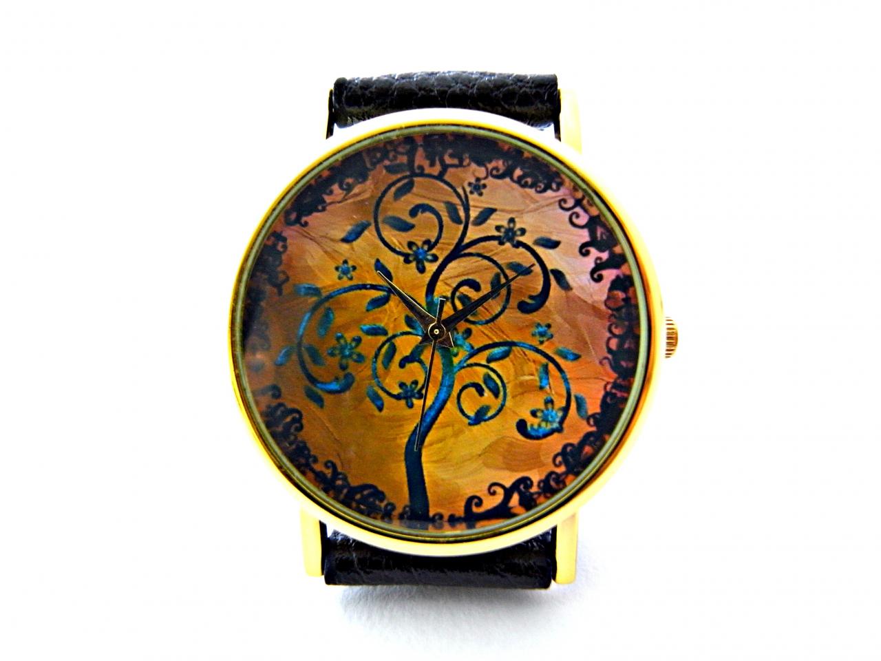 Tree Leather Wrist Watches, Woman Man Lady Unisex Watch, Genuine Leather Handmade Unique Watch #4