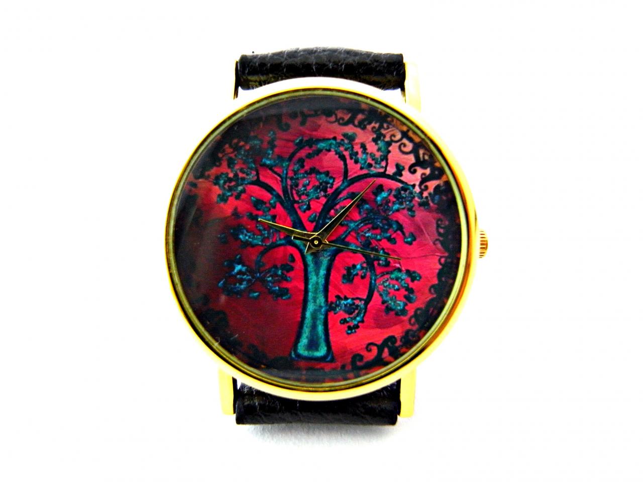Tree Leather Wrist Watches, Woman Man Lady Unisex Watch, Genuine Leather Handmade Unique Watch #5