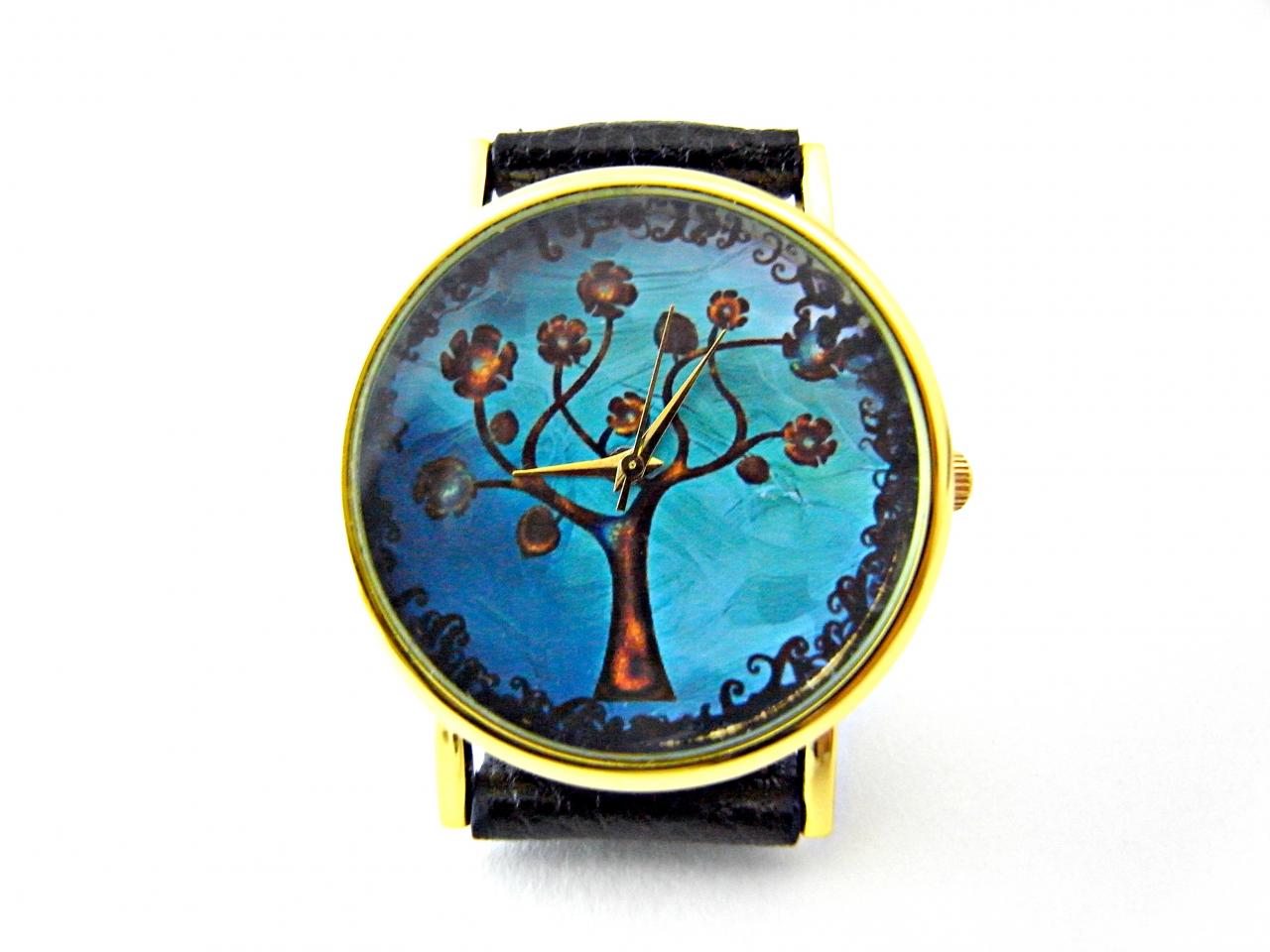 Tree Leather Wrist Watches, Woman Man Lady Unisex Watch, Genuine Leather Handmade Unique Watch #7