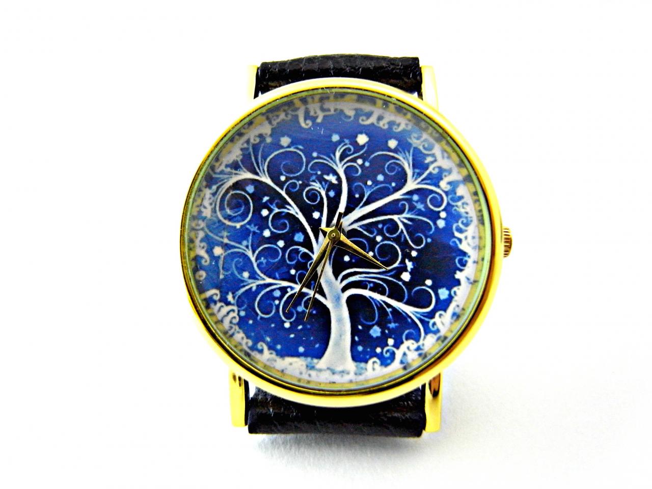 Tree Leather Wrist Watches, Woman Man Lady Unisex Watch, Genuine Leather Handmade Unique Watch #10