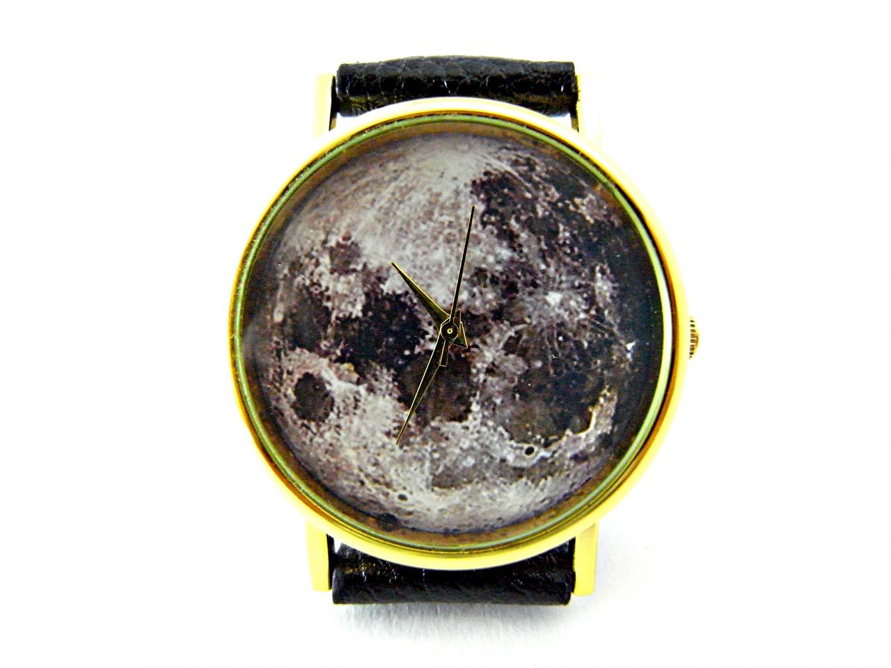 Moon Leather Wrist Watches, Woman Man Lady Unisex Watch, Genuine Leather Handmade Unique Watch #11