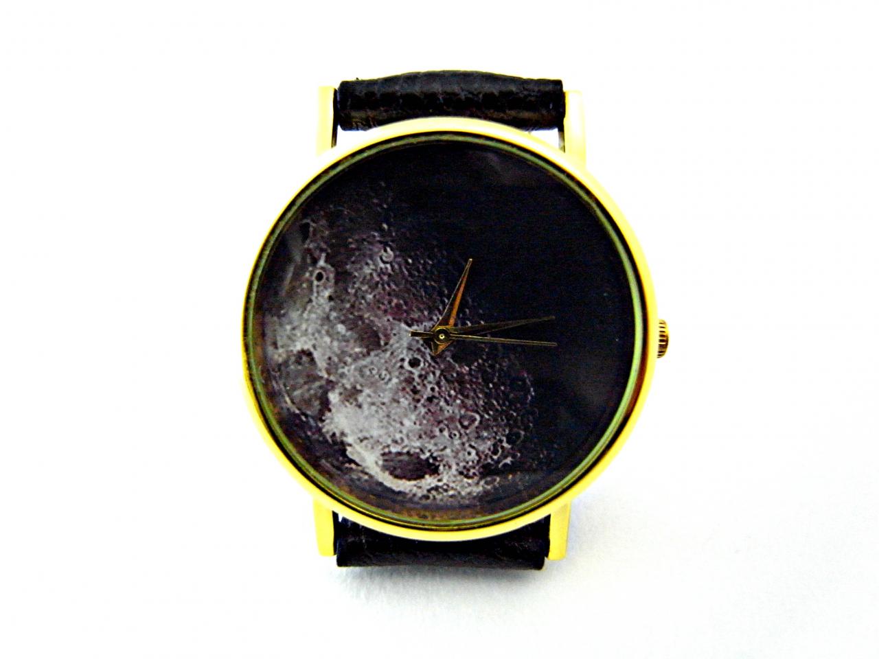 Moon Leather Wrist Watches, Woman Man Lady Unisex Watch, Genuine Leather Handmade Unique Watch #13