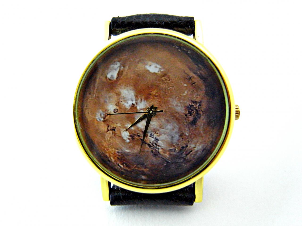 Mars Leather Wrist Watches, Woman Man Lady Unisex Watch, Genuine Leather Handmade Unique Watch #14