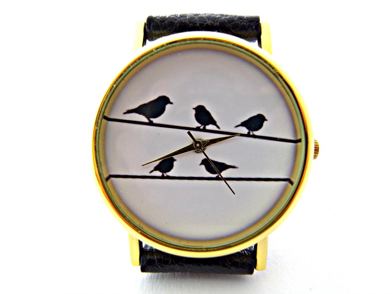 Birds On Wire Leather Wrist Watches, Woman Man Lady Unisex Watch, Genuine Leather Handmade Unique Watch #19