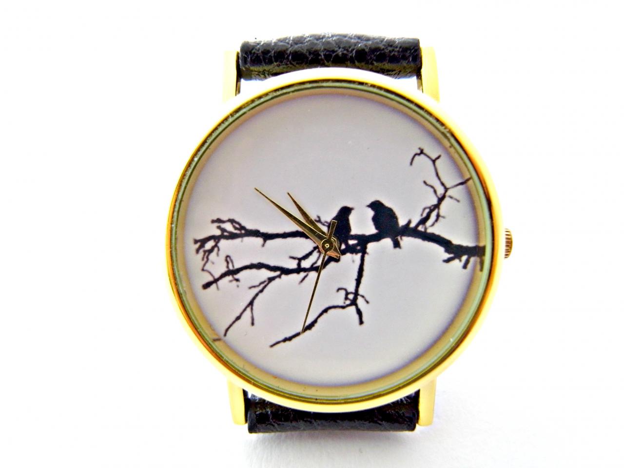 Birds On Tree Leather Wrist Watches, Woman Man Lady Unisex Watch, Genuine Leather Handmade Unique Watch #20