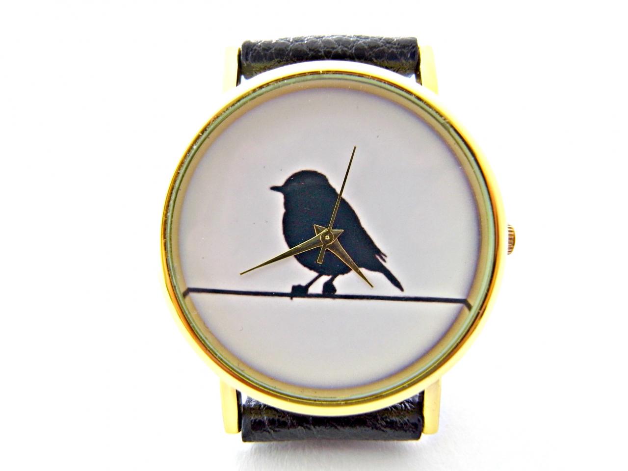 Bird On Wire Leather Wrist Watches, Woman Man Lady Unisex Watch, Genuine Leather Handmade Unique Watch #21