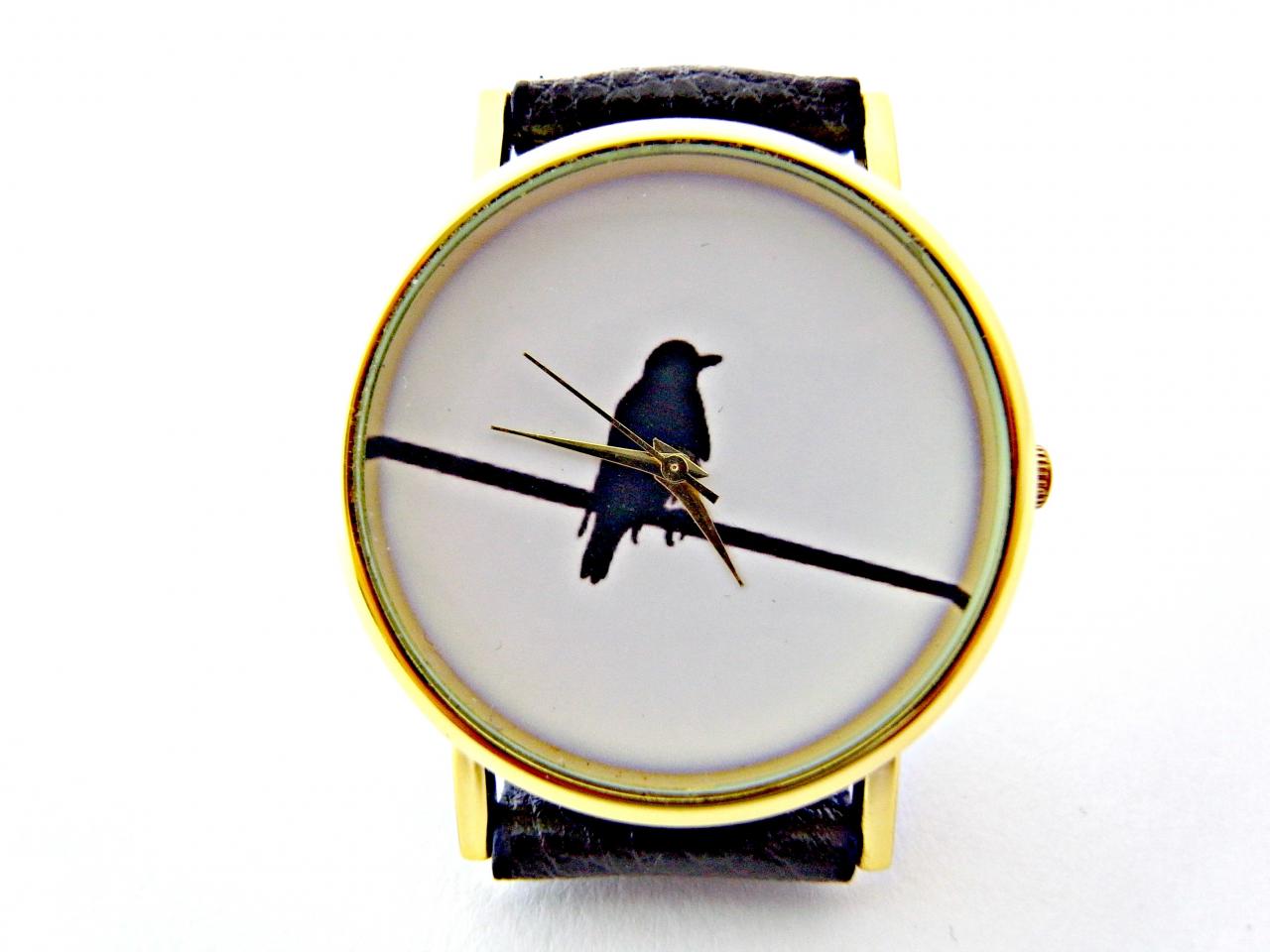 Bird On Wire Leather Wrist Watches, Woman Man Lady Unisex Watch, Genuine Leather Handmade Unique Watch #24