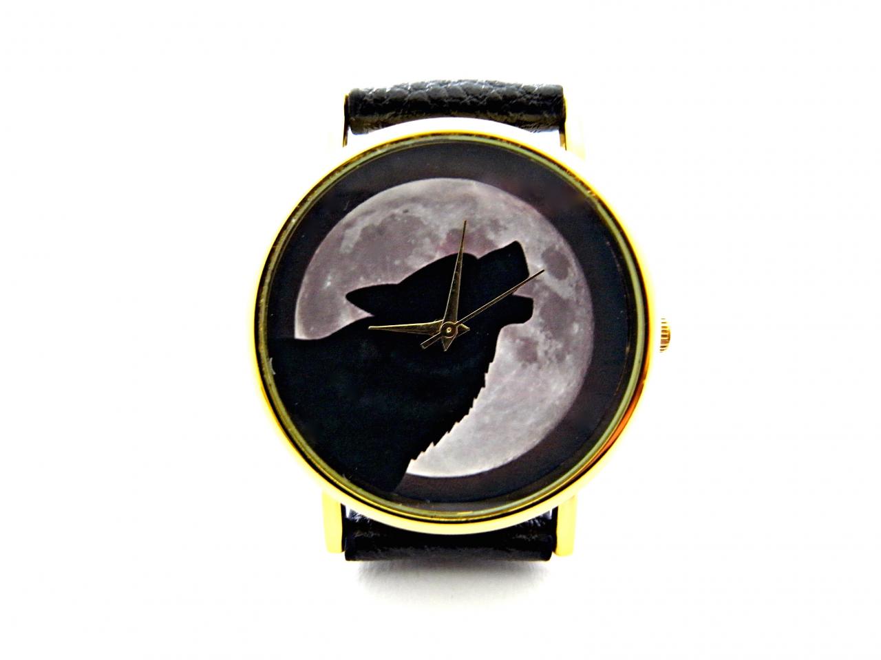 Wolf Leather Wrist Watches, Woman Man Lady Unisex Watch, Genuine Leather Handmade Unique Watch #25