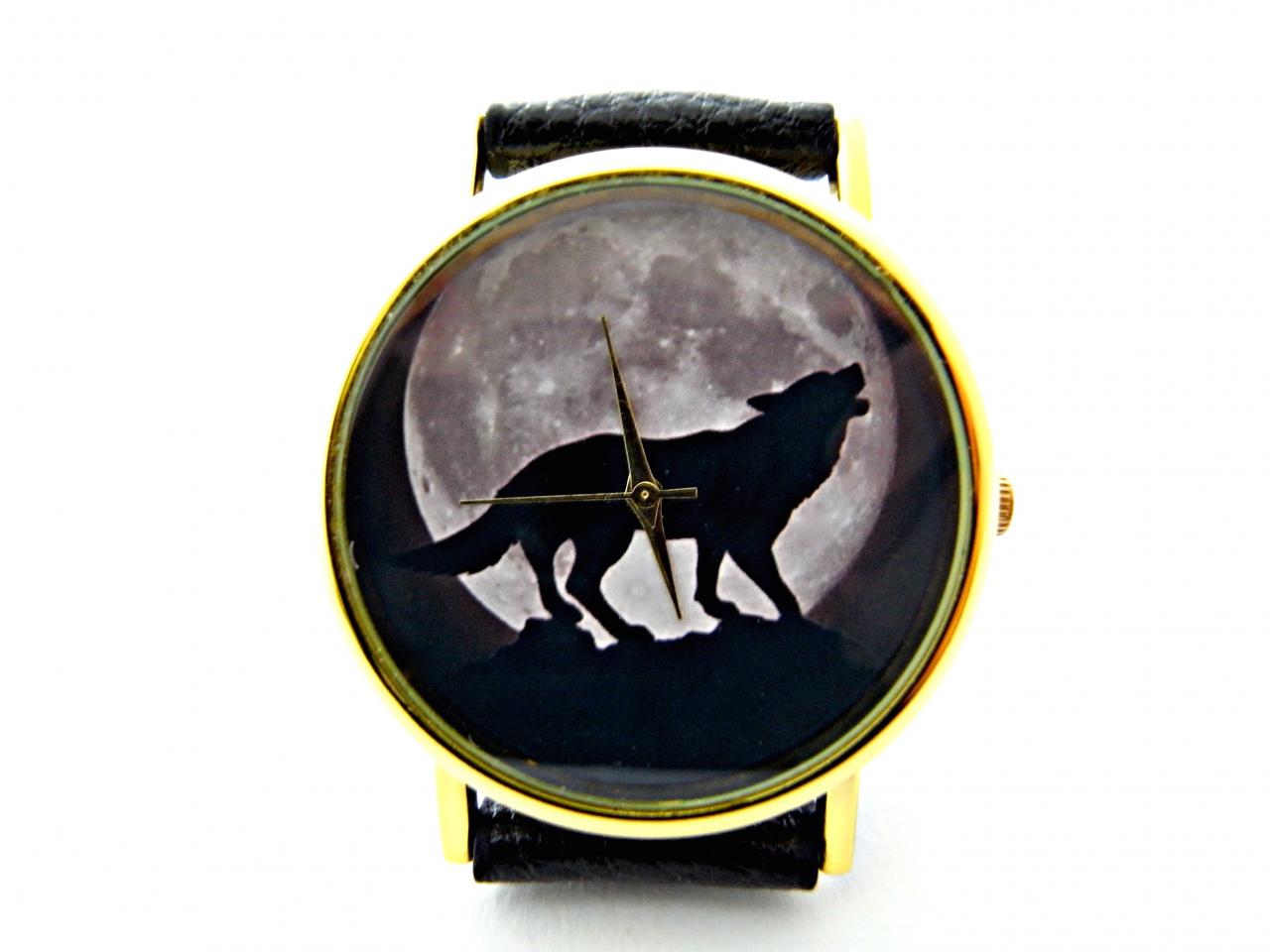 Wolf And Moon Leather Wrist Watches, Woman Man Lady Unisex Watch, Genuine Leather Handmade Unique Watch #27